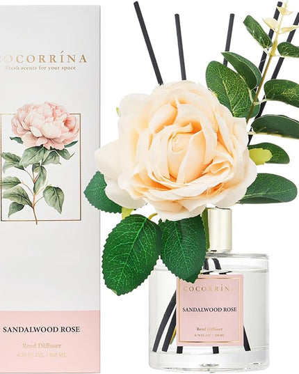 Cocorrina Reed Diffuser Set, Flower Reed Diffuser Sandalwood Rose 6.7 oz, Scented Diffuser with Sticks Home Fragrance Essential Oil for Bathroom Shelf Decor, Living Room, Large Room, 1pack