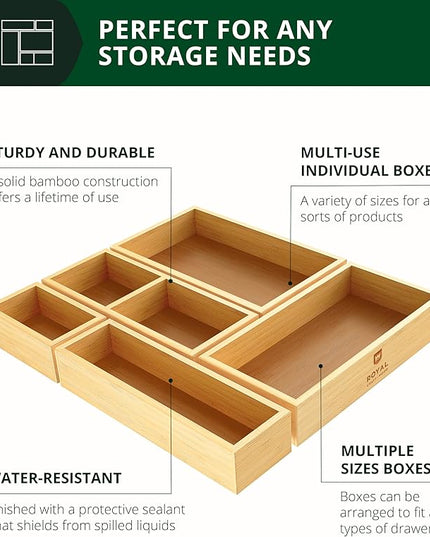 ROYAL CRAFT WOOD 5-Piece Bamboo Drawer Organizer Set – Multi-Use Storage Trays for Kitchen, Bathroom, Office, Makeup, Jewelry & More – Junk Drawer Tray, Utensil Holder, Storage Box & Bin Set (5 Boxes)
