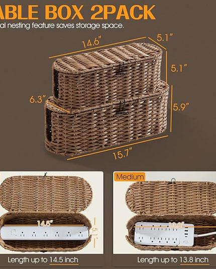 FairyHaus Cable Management Box 2Pack Brown, Handwoven Large and Small Cable Organizer Box Cover to Hide Cords and Power Strip, Imitation Wicker Cord Organizer Box Hider for Office Desk and Floor