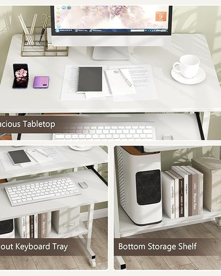 Tangkula Rolling Computer Desk Cart with Keyboard Tray, Mobile Portable Laptop PC Desk with CPU Stand & 3 Hooks for Sofa & Bed, Industrial Small Desk on Wheels for Small Spaces (White)