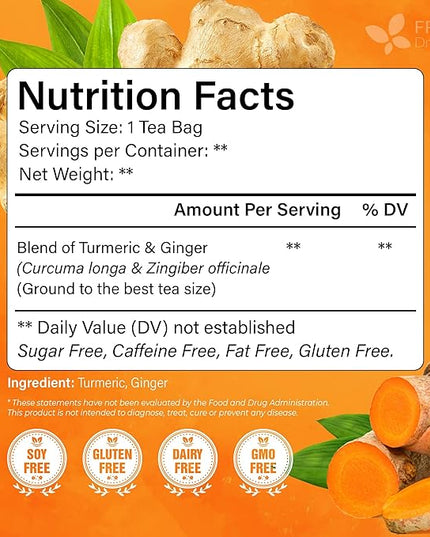 FreshDrinkUS, Premium 85 Ginger Turmeric Tea Bags, 100% Natural Ingredients, Hand-made Blend of Ginger and Turmeric Herbal Tea, Eco-conscious Tea Bags. No Sugar, No Caffeine, No Gluten, Vegan.
