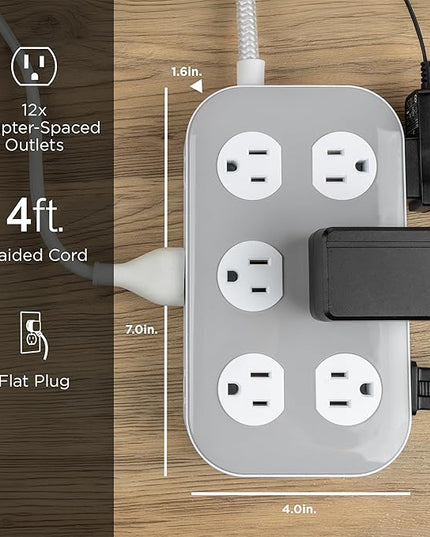 GE UltraPro 12-Outlet Surge Protector, 2100 Joules, 4ft Braided Extension Cord, Flat Plug, Power Strip with Wide-Spaced Outlets, Gray/White – 84670