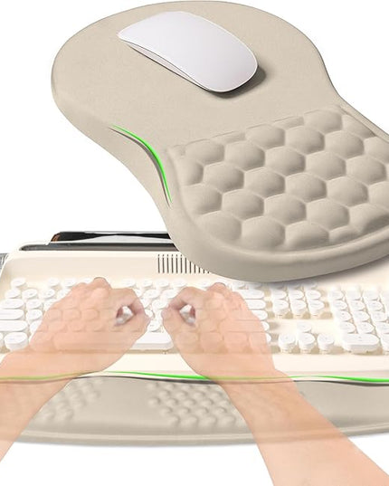 2-in-1 Ergonomic Set, Wave Rise Keyboard Wrist Rest and Massage Bulge Slope Mouse Pad Wrist Support, Cushion Memory Foam Integrated to Relieve Wrist Pain, Apricot