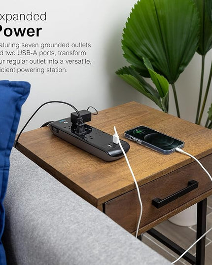 GE 37054 Pro Surge Protector, 7 Outlets + 2 USB, 1780J, 3' Cord, 2.1A, Black