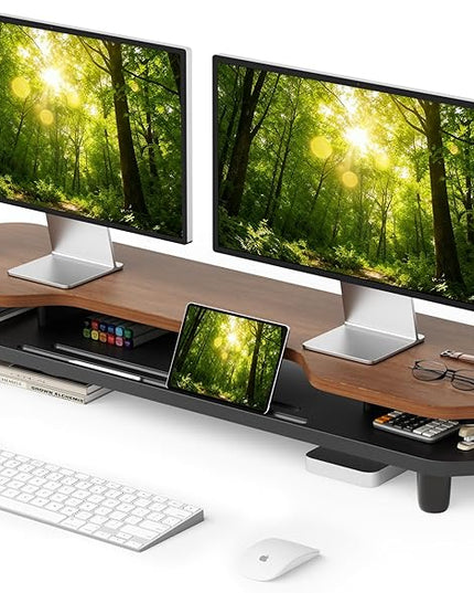 Dual Monitor Stand Riser, 39.4 Inch Large Monitor Stand with Storage Shelf, 2-Tier Desk Organizer for PC, Laptop, Printer | 2 Slots for Phone/Tablet, Computer Monitor Riser, Wood Desk Shelf for TV