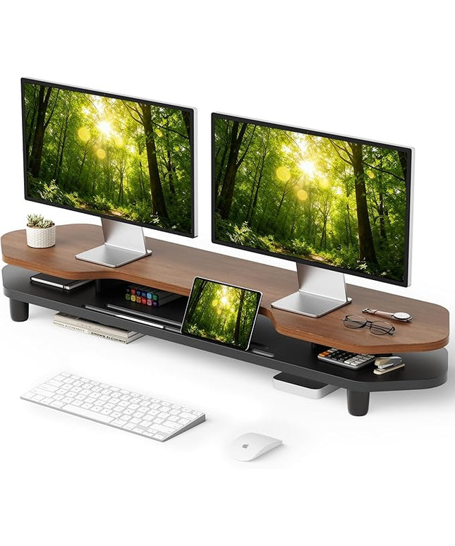 Dual Monitor Stand Riser, 39.4 Inch Large Monitor Stand with Storage Shelf, 2-Tier Desk Organizer for PC, Laptop, Printer | 2 Slots for Phone/Tablet, Computer Monitor Riser, Wood Desk Shelf for TV