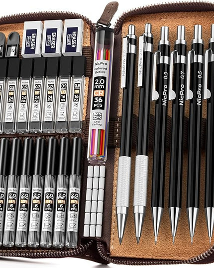 Nicpro 33PCS Black Metal Mechanical Pencil Set in Leather Case, Art Drafting Pencil 0.3, 0.5, 0.7, 0.9 mm, 2mm Lead Holders for Sketching Drawing With 18 Tube (6B 4B 2B HB 2H 4H Colors) Lead Refills