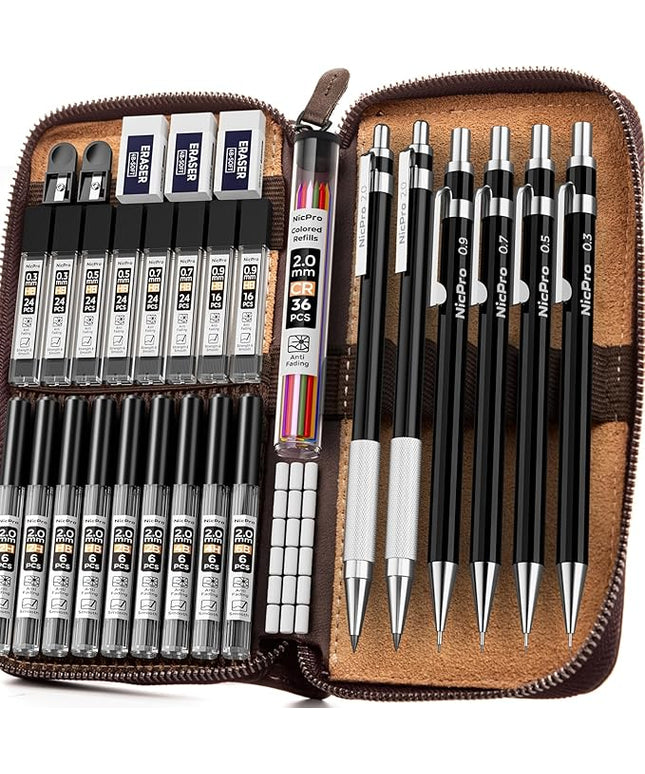 Nicpro 33PCS Black Metal Mechanical Pencil Set in Leather Case, Art Drafting Pencil 0.3, 0.5, 0.7, 0.9 mm, 2mm Lead Holders for Sketching Drawing With 18 Tube (6B 4B 2B HB 2H 4H Colors) Lead Refills