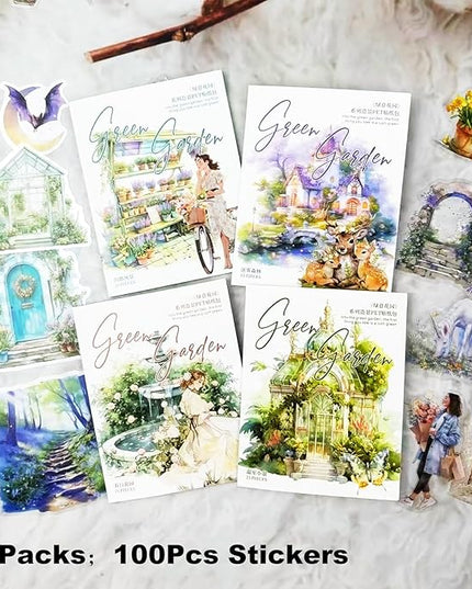 AuriicLeaf Green Garden PET Sticker Set, 100PCS Nature Aesthetic Stickers for Journaling, Scrapbooking, DIY Crafts and Art Supplies