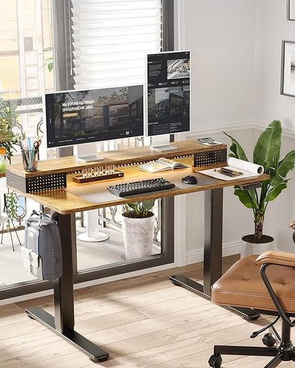 Claiks Electric Standing Desk with Shelf, 55 Inch Height Adjustable Standing Desk with LED Lights & Monitor Stand, Black Frame/Rustic Brown Top