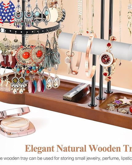 KALYLOC Jewelry Earring Holder Organizer, Adjustable 5 Tiers Rotating Earring Holder 3 Tier Necklace Holder with Wooden Base, Multi-Functional Jewelry Organizer Display Stand for Studs Bracelet Women