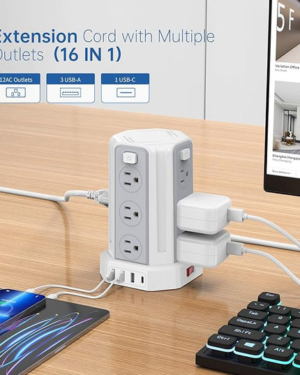 Power Strip Surge Protector, 10 Ft Extension Cord with 12 AC Multiple Outlets 4 USB (1 USB C), SMALLRT Power Tower Desktop Charging Station (White, 16.4 FT)