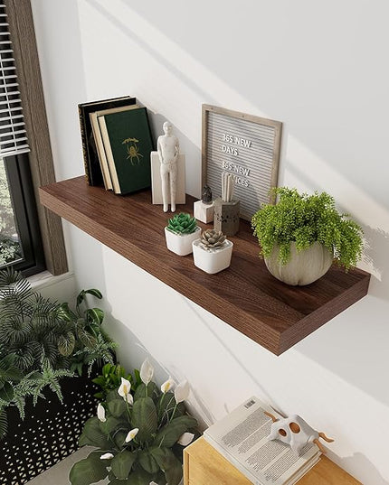 Floating Shelves 36 Inch Long, 12 Inch Deep Floating Shelves for Wall, 36 x 12 Shelves for Wall Storage & Display, 2" Thick Floating Shelf for Bathroom, Living Room, Bedroom, Walnut Color, Set of 2