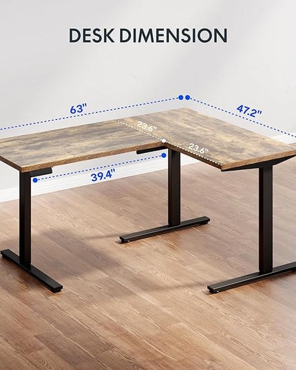 FLEXISPOT L Shaped Standing Desk, 63 x 47 Inch Electric Height Adjustable Corner Desk, Sit Stand Computer Workstation, Preset Controller, Home Office, Black Frame with Rustic Brown Top, Black Drawer