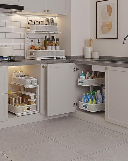 2 Pack Under Sink Organizer, Dual-Layer Pull Out Mesh Cabinet Rack with 5-Level Height Adjustment, Rust-Resistant Sliding Storage for Bathroom & Kitchen, Multi-Purpose 2-Tier Shelf