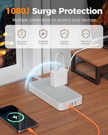 TESSAN Flat Plug Extension Cord 6 FT, Surge Protector Power Strip with 8 AC Outlets 3 USB (1 USB C), 1080 Joules, 1875W 15A, Multiple Wall Outlet Extender Station for Home Office School Dorm