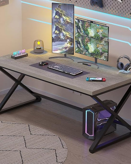 IBF Gray Computer Desk, Industrial 60” Work Desk for Writing Study, Simple Wooden Metal Executive Home Office Desk, Modern Pc Gaming Laptop Workstation Computer Table in Bedroom, Light Grey Oak