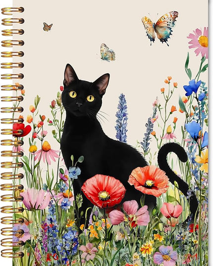 Moody Black Cat Spiral Notebook Journal 5.5x8.3, Wildflower Butterfly Black Kitten Journal, Cat Lover Mom Lady Gifts for Women Girls, Colorful Flower Pet Journaling Notebooks