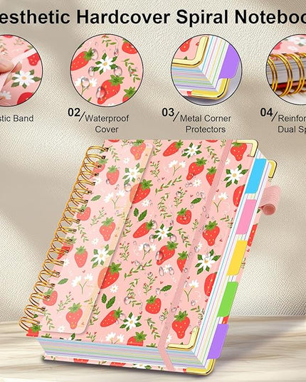 Spiral Journal Notebooks for Work, 300 Pages 5 Subject Notebook College Ruled with Dividers & Tabs, 8''x 10'' Large Notebook Journal for Women Students Note-Taking and Organizer (Pink Strawberry)