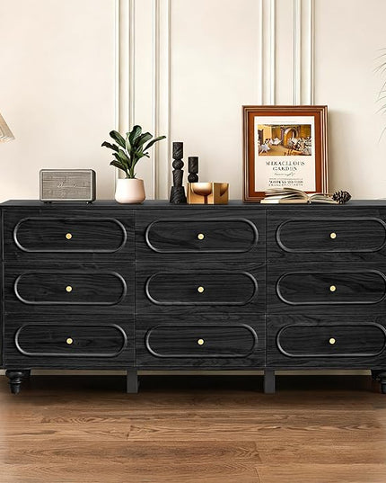 9 Drawer Fluted Dresser for Bedroom, Mid Century Modern Chest of Drawers, Wood Storage Small Dresser Organizer for Bedroom Living Room Hallway Closet, Black