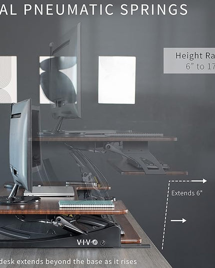 VIVO 42 inch Height Adjustable Stand Up Desk Converter, V Series, Quick Sit to Stand Tabletop Dual Monitor Riser Workstation, Dark Walnut Top, Black Frame, DESK-V000VLD