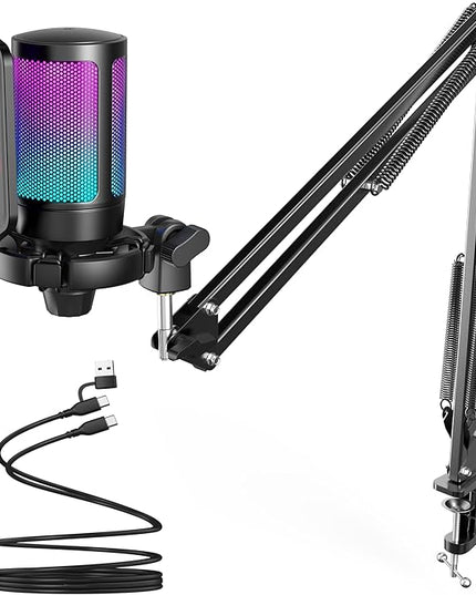 FIFINE Gaming PC USB Microphone, Podcast Condenser Mic with Boom Arm, Pop Filter, Mute Button for Streaming, Twitch, Online Chat, RGB Computer Mic for PS4/5 PC Gamer Youtuber-AmpliGame A6T