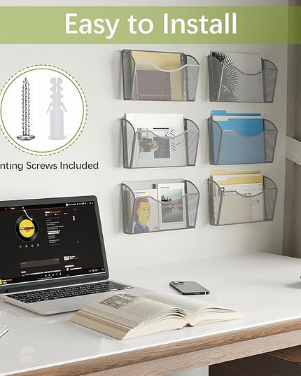 EasyPAG 6 Single Pocket Wall File Organizer, Mesh Hanging File Folder Organizer for Letter/A4 Size Folders, Wall Mounted Vertical Mail Holder for Paperwork, Office, Home, School, Silver