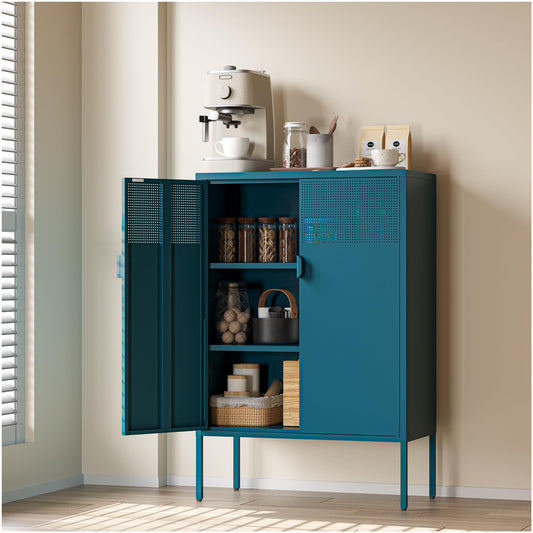 COFaR Peacock Blue Metal Cabinet, 47”H Modern Sideboard with Adjustable Shelves, Stylish Coffee Bar & Buffet Storage for Dining Room, Kitchen, Ventilated Metal Organizer with Magnetic Doors