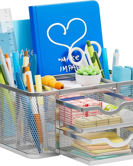 Marbrasse Mesh Desk Organizer, Pen Organizer with 2 Drawer, Multi-Functional Pencil Holder, Desk Organizers and Accessories with 5 Compartments + Drawer for Office Art Supplies (Silver)