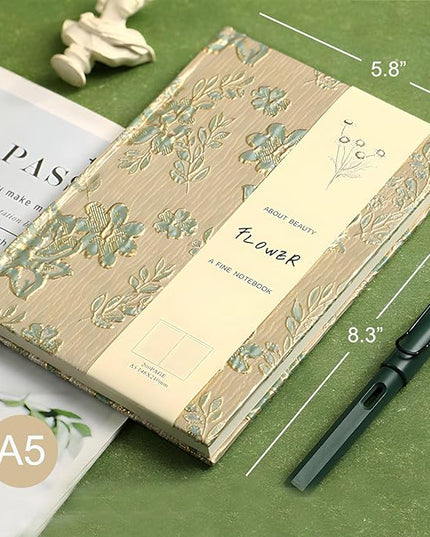 Flower Notebook, Hardcover, Lay Flat, A5, 6x8, Wide Ruled Pages, Writing Journal for Women, Pretty Notebook, Recipe Journal, Garden Journal, Gratitude Journal, Plum Blossom, Green