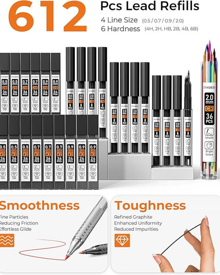STAGEEK 45PCS Black & Silver Metal Mechanical Pencil Set in Leather Case, 0.5, 0.7, 0.9, 2.0mm Drafting Pencils with 28 Tubes(6B 4B 2B HB 2H 4H & Colors)Lead Refills for Art Drawing, Sketching,Writing