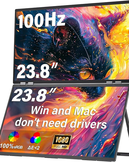 InnoView 23.8" FHD Dual Portable Monitor 1920x1080P 100% sRGB - Foldable & Stackable Design with 315° Screen Adjustment & 180° Stand | USB-C/HDMI, Dual Monitor for Laptop, Mac, Windows
