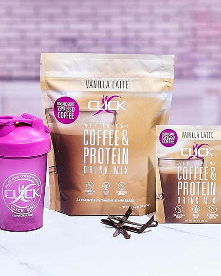Click Coffee Protein Powder | Double Shot Espresso | 16g Protein | 23 Essential Vitamins | Low Calorie Meal Replacement | 150mg Caffeine | Gluten Free | No Artificial Flavors or Colors | Vanilla