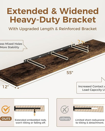 Floating Shelves 55 Inch Long, 55 x 12 Large Floating Shelf Wall Mounted, 12 Inch Wide Floating Shelves for Fireplace Mantel, 2" Thicked Storaged Shelves for Living Room, Bedroom, Rustic Brown, 1 Pack