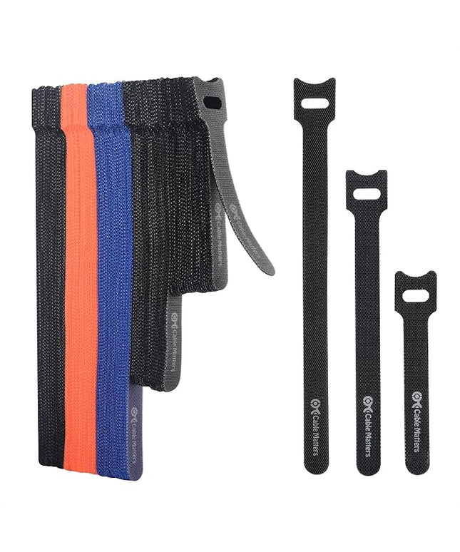 Cable Matters 100-Pack Hook-and-Loop Reusable Cable Ties, Sizes 4", 6", 8" with 42 lbs Tensile Strength - Multi-Color Cable Straps, Cord Organizers, Cord Management Ties
