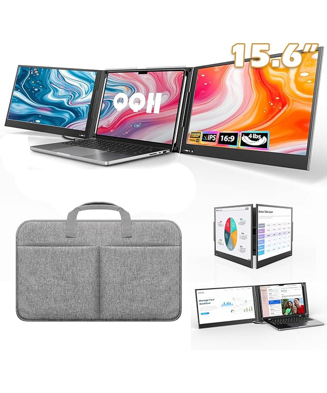QQH 15.6" Laptop Screen Extender, 1080P Triple Portable Monitor for Laptop with Ultra-Slim IPS Display, USB-C Plug and Play Extended Screen Compatible with MacOS, Windows, Android for 12-16" Laptops