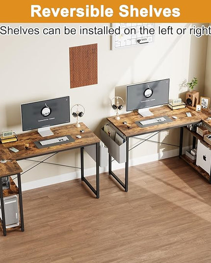 Grandder L Shaped Computer Desk with Reversible Shelves, 40 Inch Small Corner Desk with Storage Bag, Gaming Desk Computer Table Study Writing Desk for Home Office Small Space, Rustic Brown