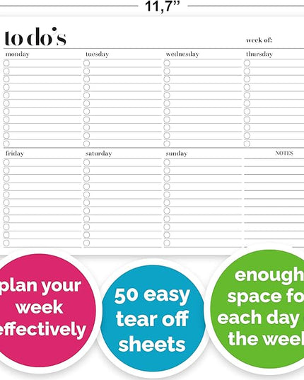 Weekly Planner Pad, Weekly To Do List Notepad, Tear Off Undated Weekly Planner Notepad, A4 Size (8,3" X 11,7"), Premium Thick Paper with Cardboard Back Support, Weekly Desk Planner by Hadigu