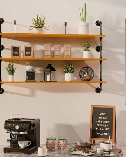 Industrial Pipe Shelving Shelf Rustic Wood Wall Shelves Industrial Floating Shelves for Wall 48 Inch Farmhouse Bookshelf Pipe Shelves Living Room Kitchen