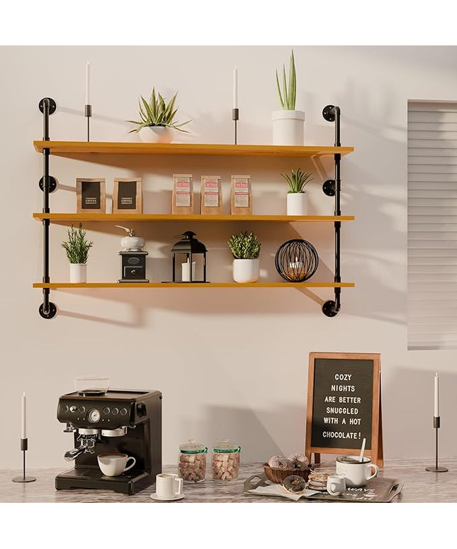 Industrial Pipe Shelving Shelf Rustic Wood Wall Shelves Industrial Floating Shelves for Wall 48 Inch Farmhouse Bookshelf Pipe Shelves Living Room Kitchen
