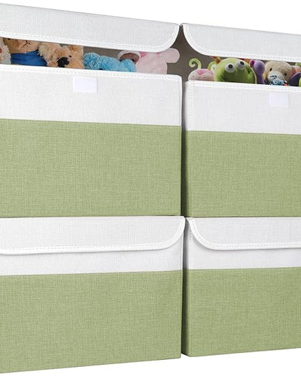 Large 22 Quart Linen Fabric Foldable Storage Bin Cube Organizer Basket with Flip-Top Lid & Handles, Clothes Blanket Box for Home, Office, Closet, Green & White, 4 Pack 14.6 x 9.5 x 9.5