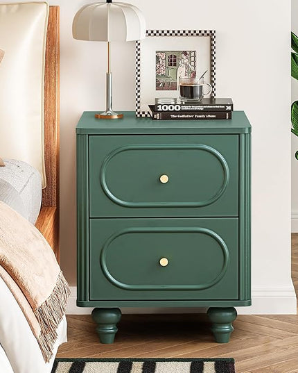 2 Drawer Fluted Mini Small Dresser for Bedroom Set of 2, Mid Century Modern Nightstand Bedside End Table, Wood Storage Dresser Organizer for Bedroom, Green