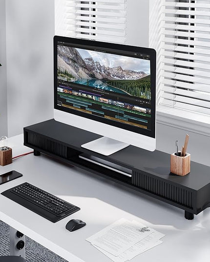 Fenge Dual Monitor Stand, 42.5inch Long Monitor Stands Riser for 2 Monitors, Sliding Door with Storage Organizer Stand for Desk, 2 Tier Desk Shelf for Laptop, Pc, Printer, Computer, TV