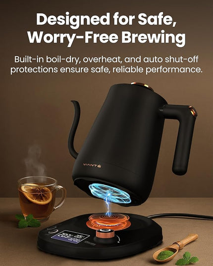 Vianté Electric Gooseneck Kettle with Precise Temperature Control. Pour Over Coffee & Tea Kettle. Boil-Dry Protection & Keep Warm Function. Stainless Steel, BPA-Free. Includes V60#2 Filters. 0.8L