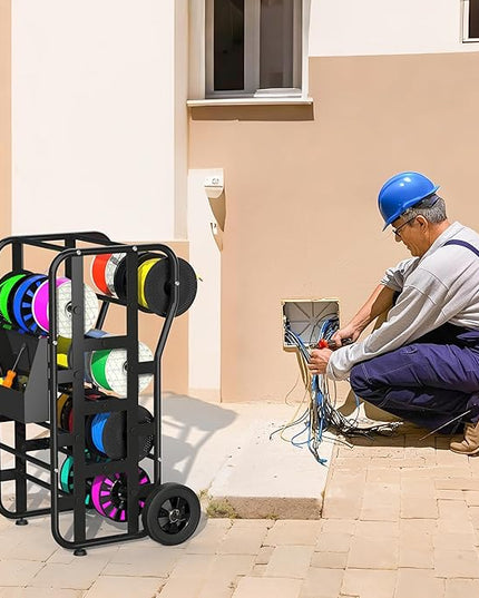 Tredre Wire Spool Rack with Wheels – Heavy Duty Cable Dispenser with 11 Rods, Mobile Wire Organizer Stand with Storage Box for Electrical & Workshop Use, Black