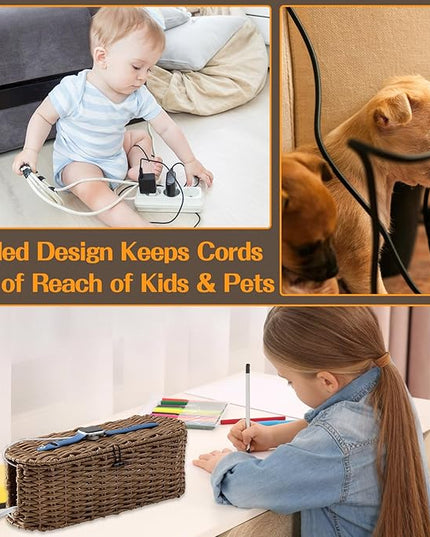 FairyHaus Cable Management Box 2Pack Brown, Handwoven Large and Small Cable Organizer Box Cover to Hide Cords and Power Strip, Imitation Wicker Cord Organizer Box Hider for Office Desk and Floor