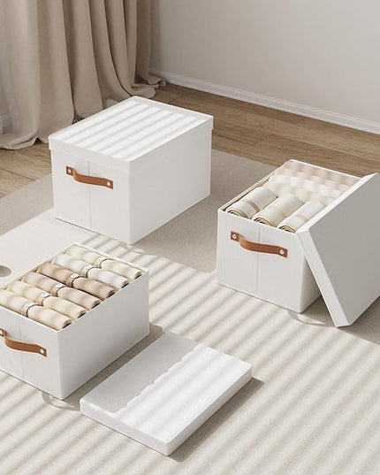 Fabric Storage Bins with Lids, 15 x 9.8 x 8.3 Inch Storage Boxes for Shelves Wardrobe Bedroom, Closet Organizers with Handles, White, 3-Pack