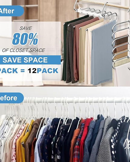 Upgrade 6 Layers Pants Hangers Space Saving, 2 Pack Non Slip Stainless Steel Multifunctional Pants Rack S-Type Pant Closet Hanger Organizer with Hooks for Pants Leggings Trousers, Antiquewhite