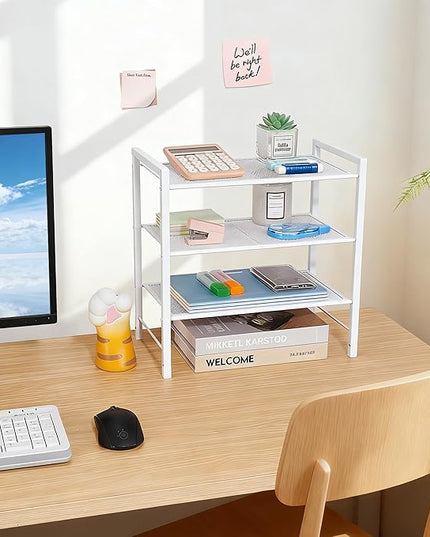 Desktop Shelf Organizer, 3-Tier Office Storage Rack, Adjustable Metal Bookshelf for Top of Desk, White Desk Organizer for Office, Home, Dorm and Small Spaces (White)