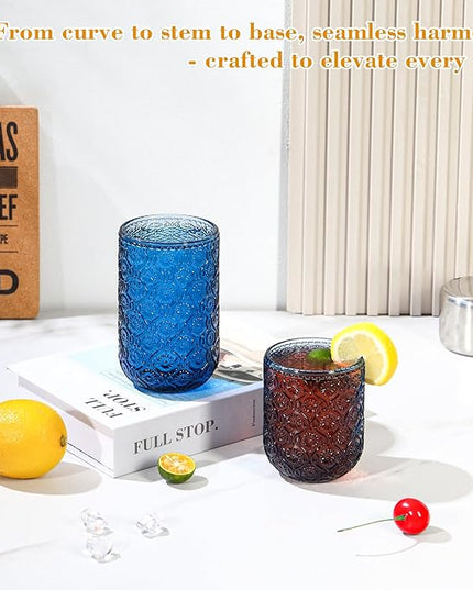 Blue Drinking Glasses Set of 12, 12 Oz Highball & 10 Oz Cocktail Glasses, Blue Kitchen Vintage Glassware Set, Floral Embossed Glass Tumbler Cups for Water, Beer, Juice, Whiskey, Coffee